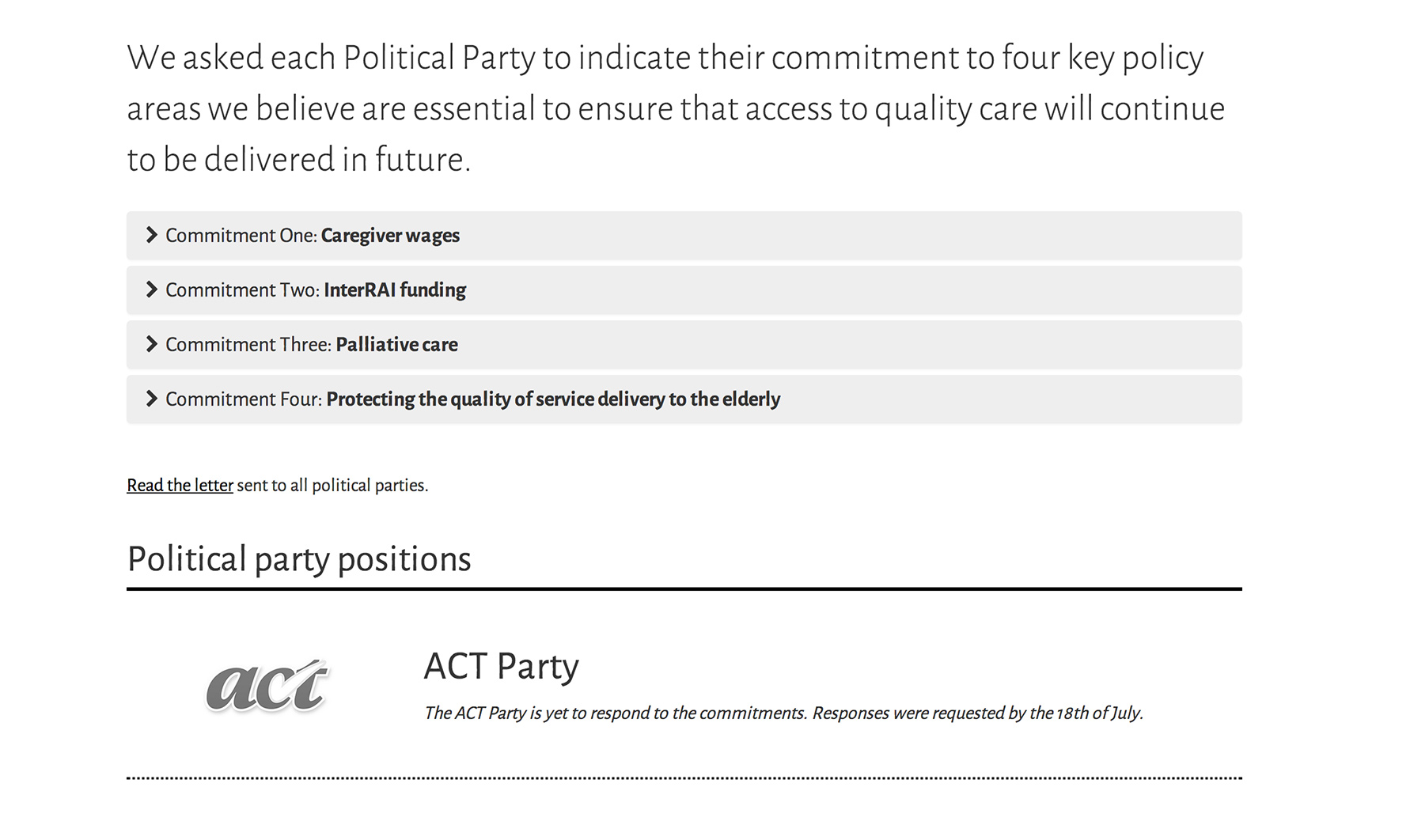 Political party responses page