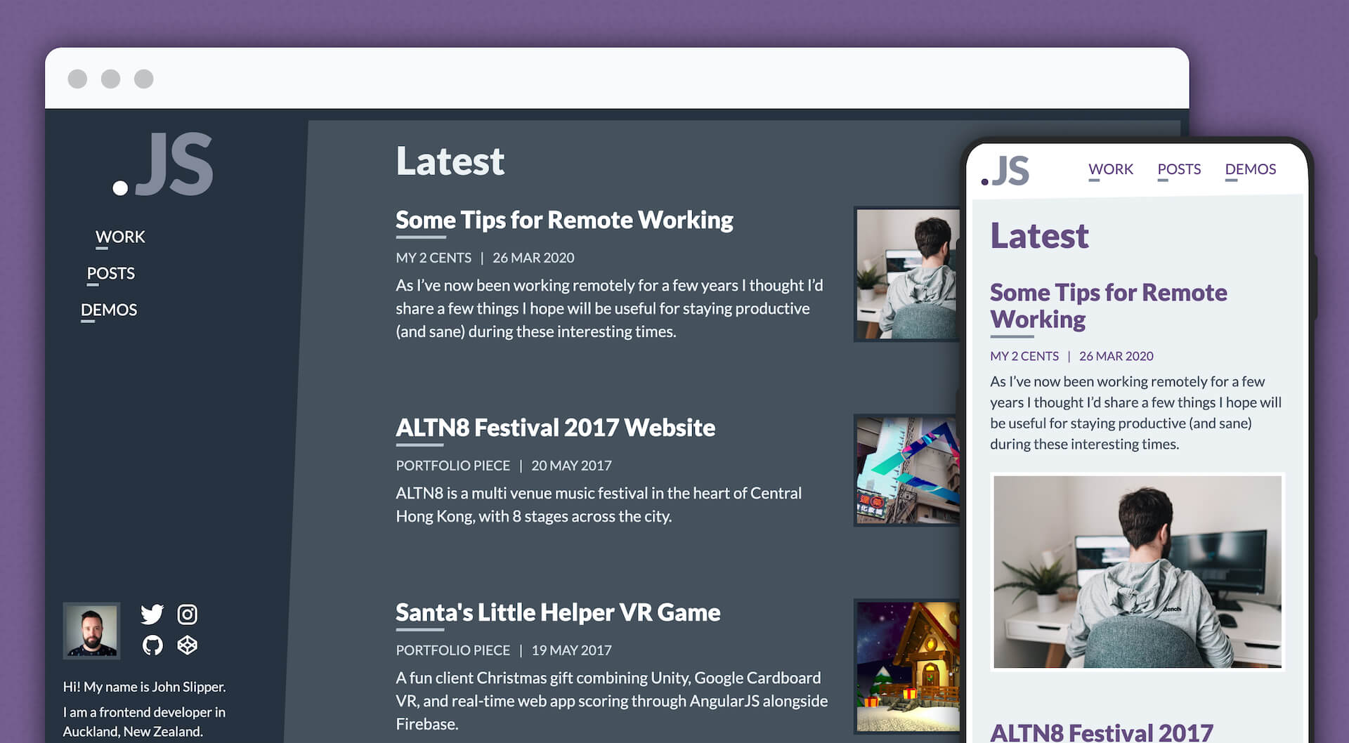 The updated website themes: The dark theme in a desktop browser window and the light theme on a phone