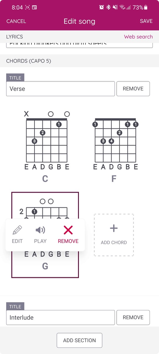 Editing a song's chord sections