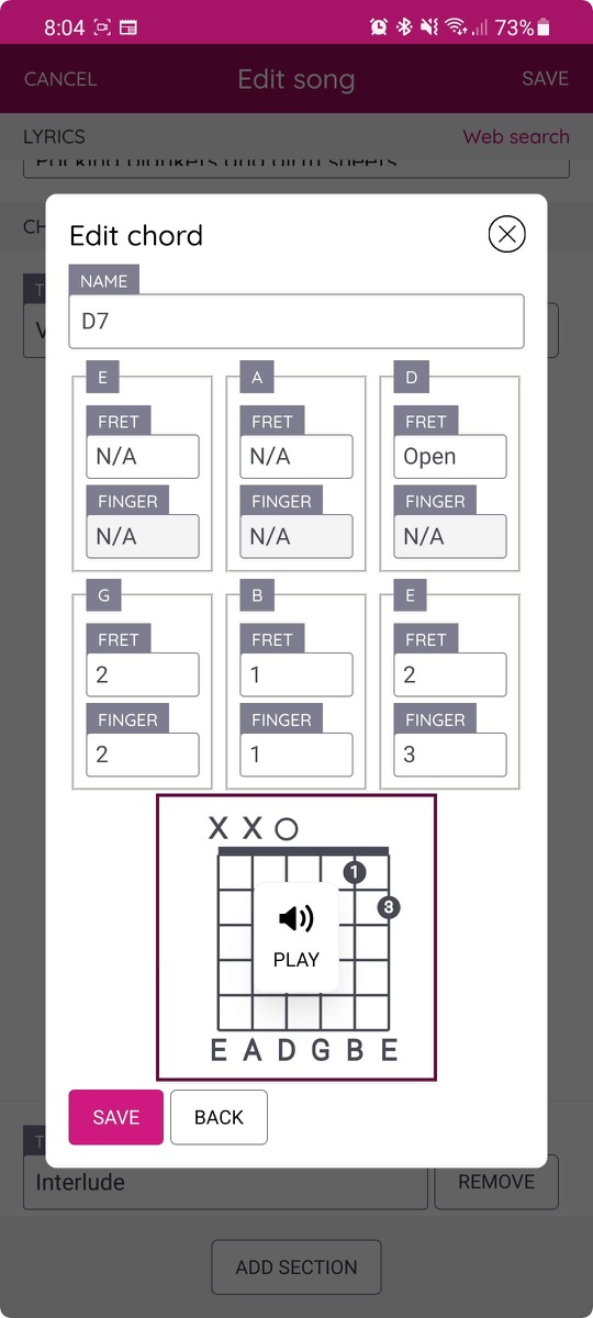 Editing the frets and fingering of a chord